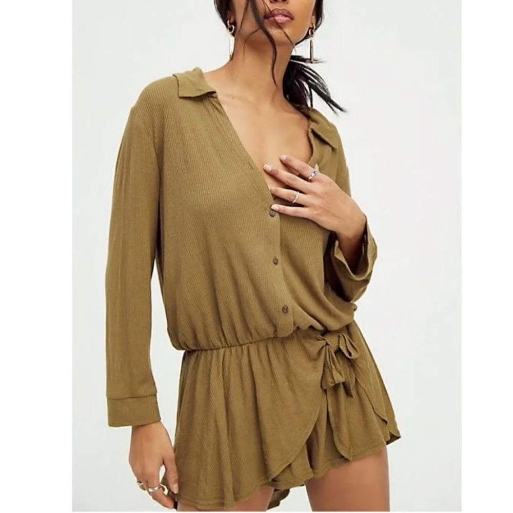 Free People x Revolve Lively Romper in Tropical Nut Linen Blend Size XS
